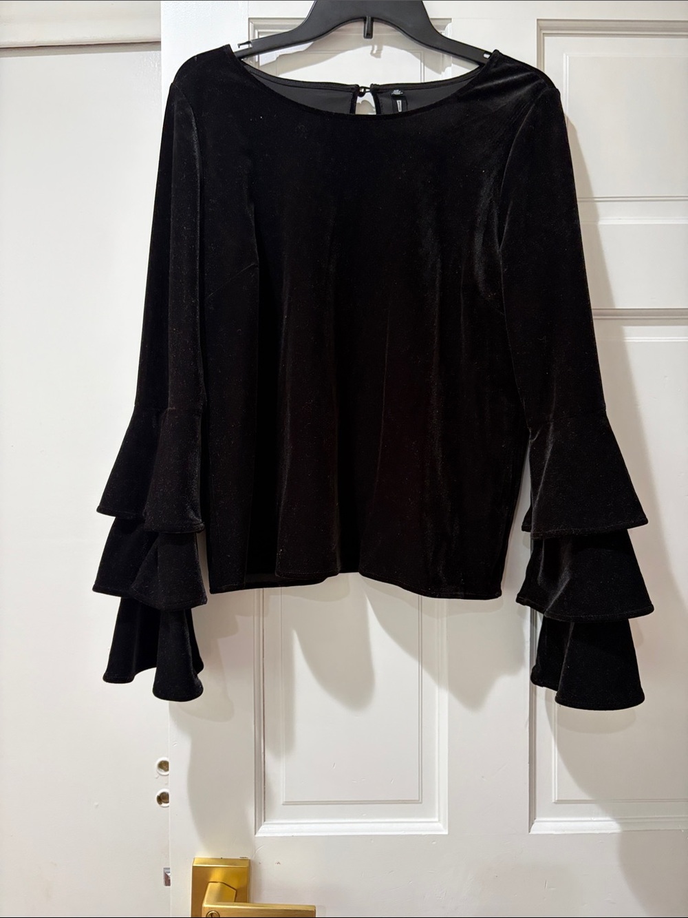 Design Lab Lord & Taylor Black Velvet Ruffle-Sleeve Blouse